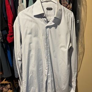 Tom Ford Men's White and Blue Pinstripe Shirt French Cuff